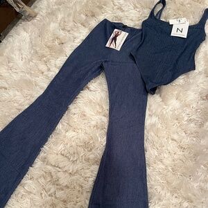 Naked Wardrobe stretch Denim bell bottom leggings and bodysuit